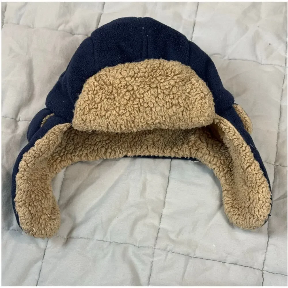 Gap Kids Navy Blue Tan Trapper Hat Fleece Sherpa Plush LIning Ear Flaps Hat